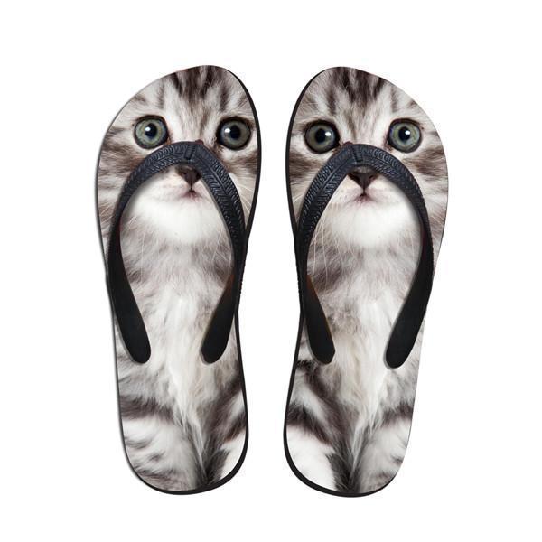 Cute Women Shy Cat Print Beach Flip Flops Slipper Sandals Cat Design Footwear Pet Clever US 5 - EU35 -UK3 