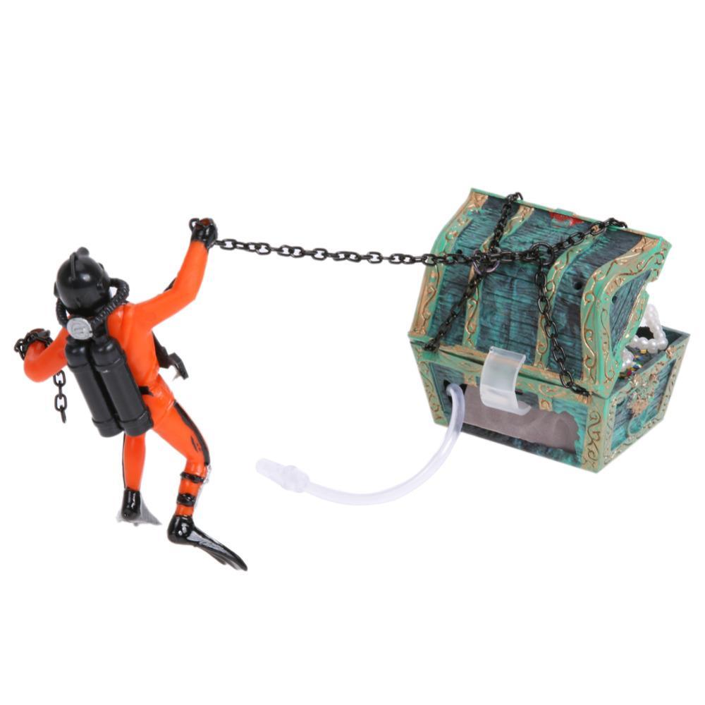 Hunter & Treasure Chest Figure Action Aquarium Fish Tank Ornament Pet
