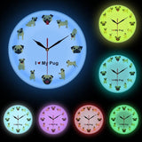 I Love My Pug Cartoon Wall Art Modern Wall Clock Home Decor Dogs Pet Clever White Frame With LED 