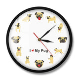 I Love My Pug Cartoon Wall Art Modern Wall Clock Home Decor Dogs Pet Clever Metal Frame 