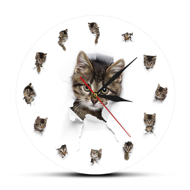 Kittens In Hole of Paper Cute Kid Room Nursery Wall Clock Home Decor Cats Pet Clever No Frame 