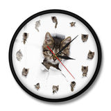 Kittens In Hole of Paper Cute Kid Room Nursery Wall Clock Home Decor Cats Pet Clever Metal Frame 