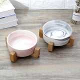 Marble Bowl with Wooden Rack Cat Bowls & Fountains Pet Clever 
