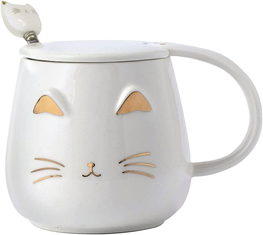 Novelty Mug with Lid and Stainless Steel Spoon Cat Design Accessories Pet Clever White 
