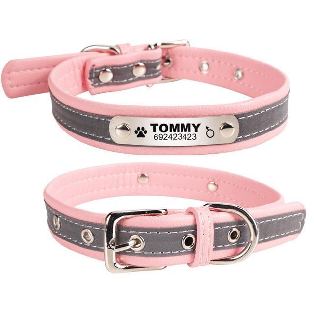 Personalized Reflective Leather Pet ID Tag Collar Dog Leads & Collars Pet Clever Pink XS 
