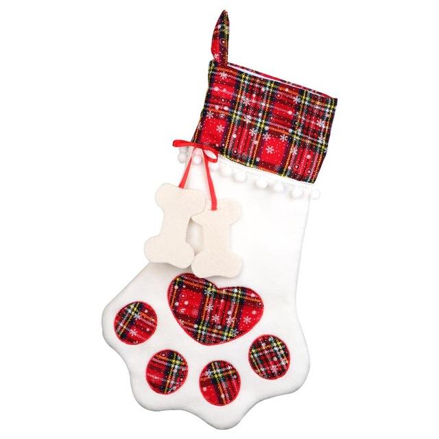 Plaid Christmas Paw Shaped Stocking Home Decor Dogs Pet Clever 1Pcs Red Paw sock 