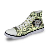 Posing Cat in Dollars Print High Top Canvas Women Shoes Cat Design Footwear Pet Clever 