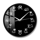 Puppy Breed Cartoon Humor Wall Clock Funny Pug Dog Art Print Modern Wall Clock Home Decor Dogs Pet Clever Metal Frame 