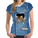 Round Neck Shirts with Cat Print Designs Cat Design T-Shirts Pet Clever Style 3 S 