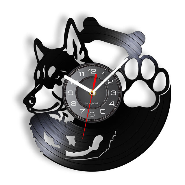Siberian Husky Vinyl Record Wall Clock Silent Non Ticking Clock Home Decor Dogs Pet Clever Without LED 