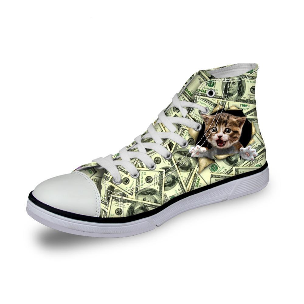 Surprised Cat in Dollars Print High Top Canvas Women Shoes Cat Design Footwear Pet Clever US 5 - EU35 -UK3 